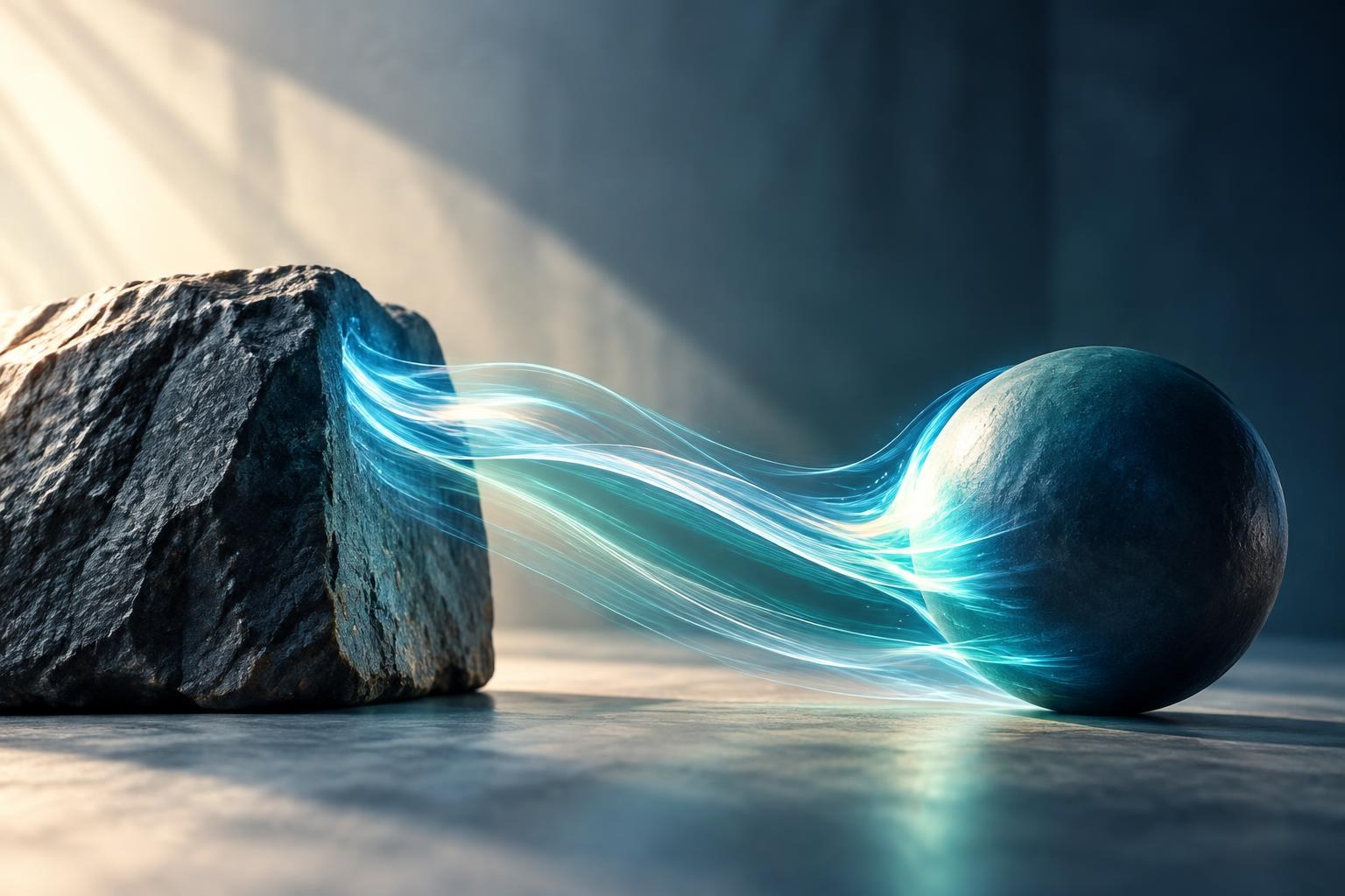 AI-generated conceptual illustration. A conceptual illustration showing light energy flowing from a rock to a sphere.