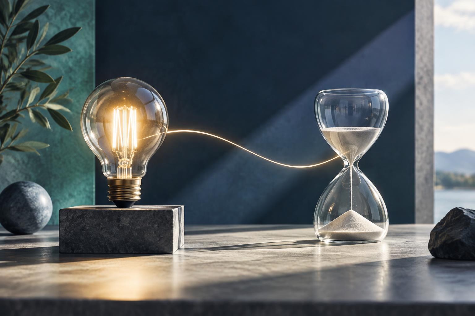 KI-generierte Konzeptillustration. Eine leuchtende Glühbirne, die visuell mit einer Sanduhr verbunden ist und die Beziehung zwischen Energie und Zeit symbolisiert.