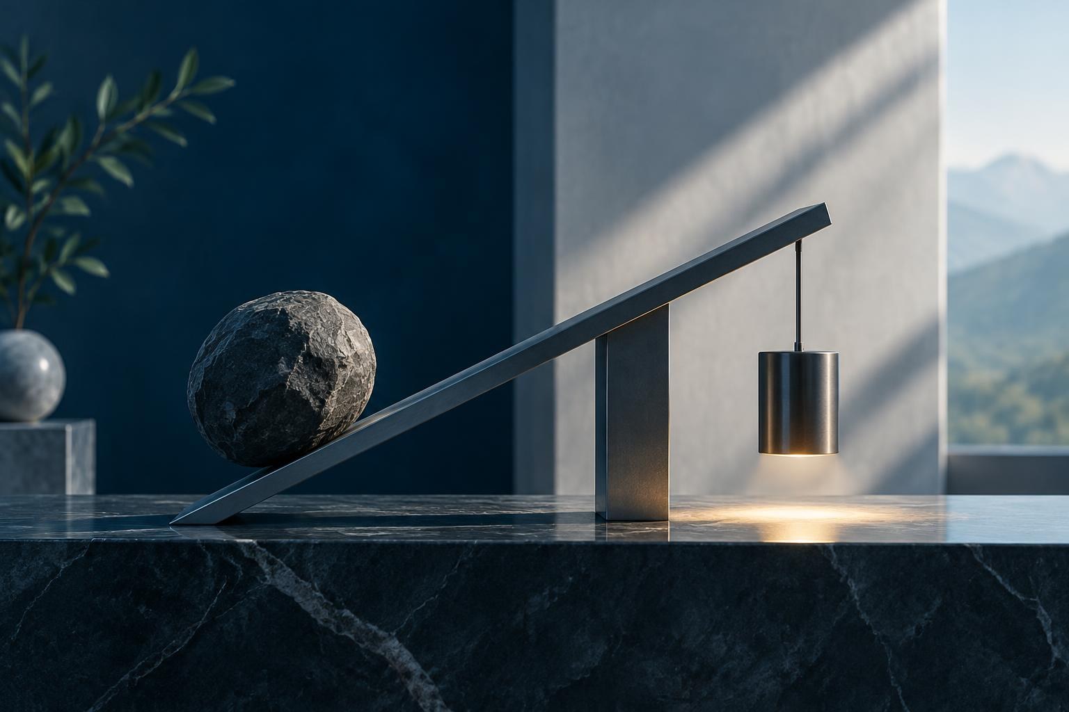 Konzeptionelle Illustration, erstellt mit KI. Konzeptionelle Illustration einer schrägen Waage mit einem großen Felsen an einem Ende und einer leuchtenden Lampe, die am anderen Ende hängt und das Gleichgewicht der Leistung darstellt.