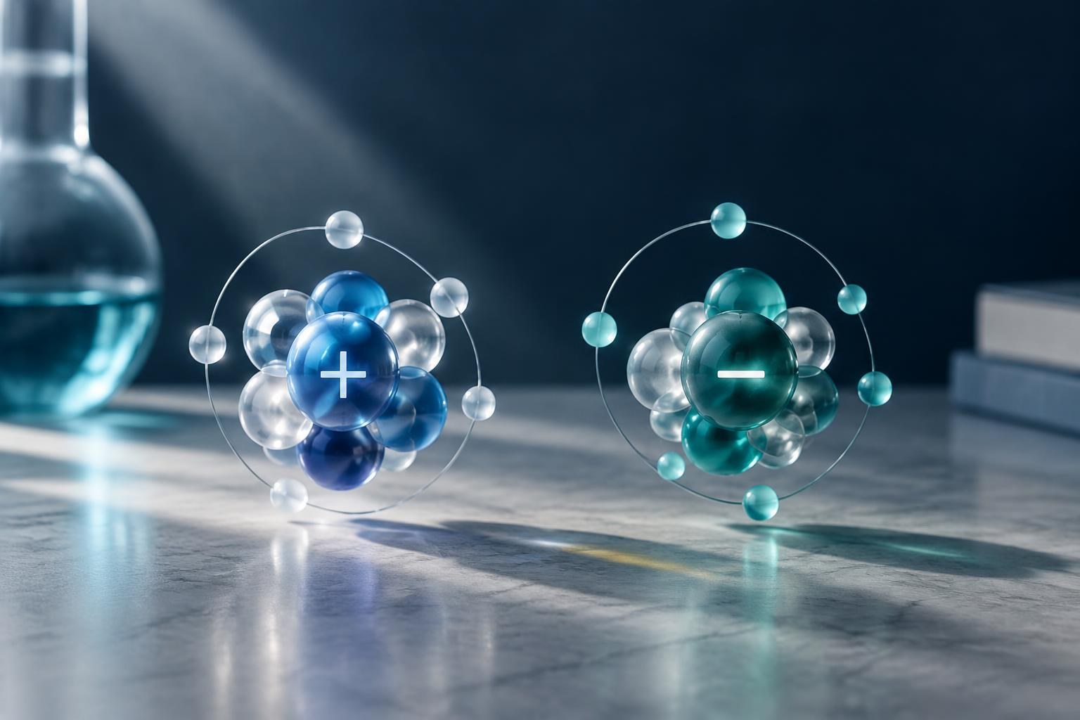 Konzeptionelle Illustration, erstellt mit KI. Illustration zweier Ionen, eines mit positiver und eines mit negativer Ladung, mit zentralen Atomkernen und Elektronen in ihrer Umlaufbahn.