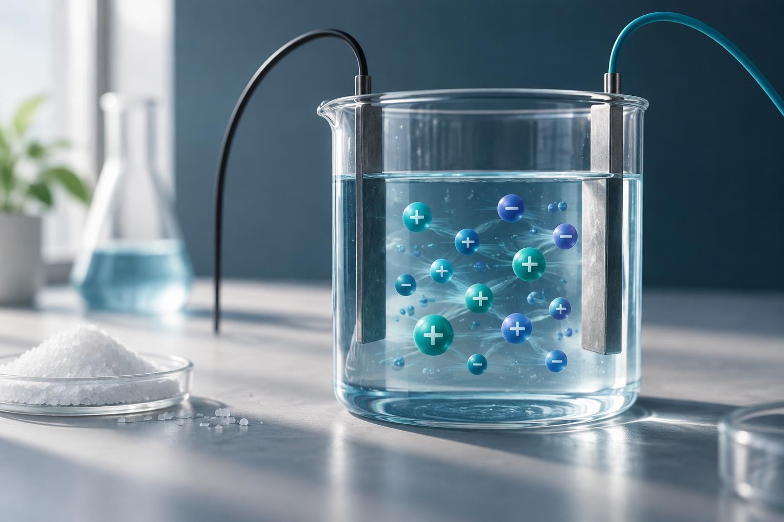 AI-generated conceptual illustration. Conceptual illustration of an electrolyte in a beaker, with positive and negative ions dissolved in water, and metal electrodes connected by wires that allow current to flow.