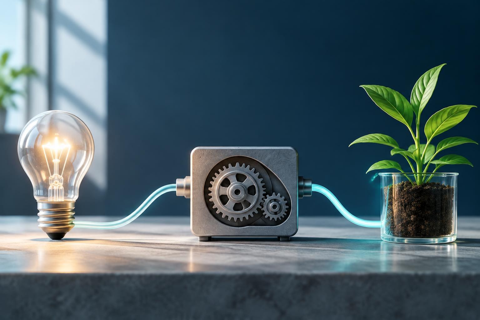 AI-generated conceptual illustration. Conceptual illustration of conversion efficiency, showing a lit light bulb connected through a gear system to a plant in a container with soil.