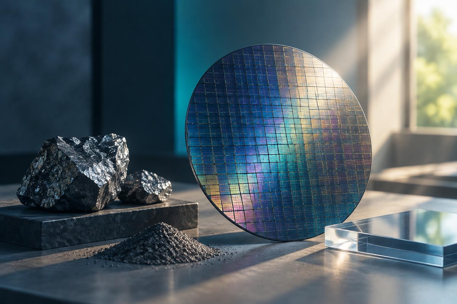 Konzeptionelle Illustration, erstellt mit KI. Wafer aus Halbleitermaterial mit schillernder Oberfläche neben Mineralstücken und Pulver auf einem Tisch.