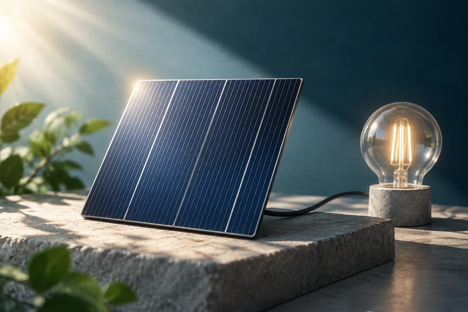 Illustration conceptuelle générée par IA. Cellule photovoltaïque captant la lumière du soleil et allumant une ampoule LED.