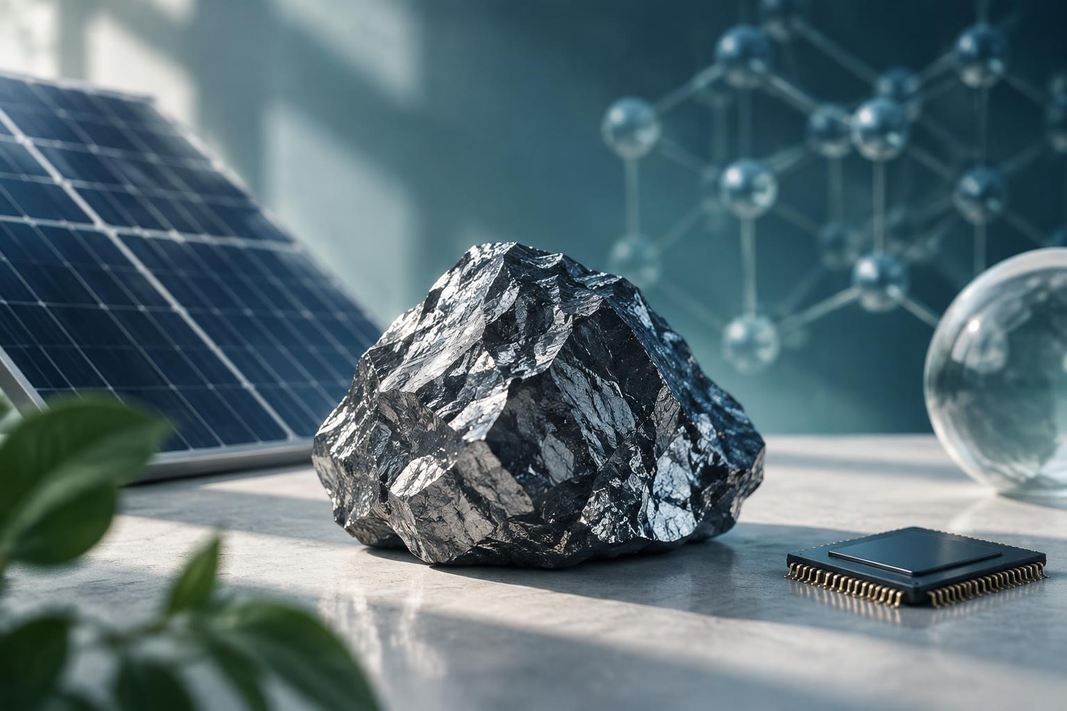 Illustrazione concettuale generata con IA. Un grosso pezzo di silicio a forma di minerale brillante, collocato accanto a un chip elettronico e a un pannello solare, con un modello molecolare sullo sfondo.