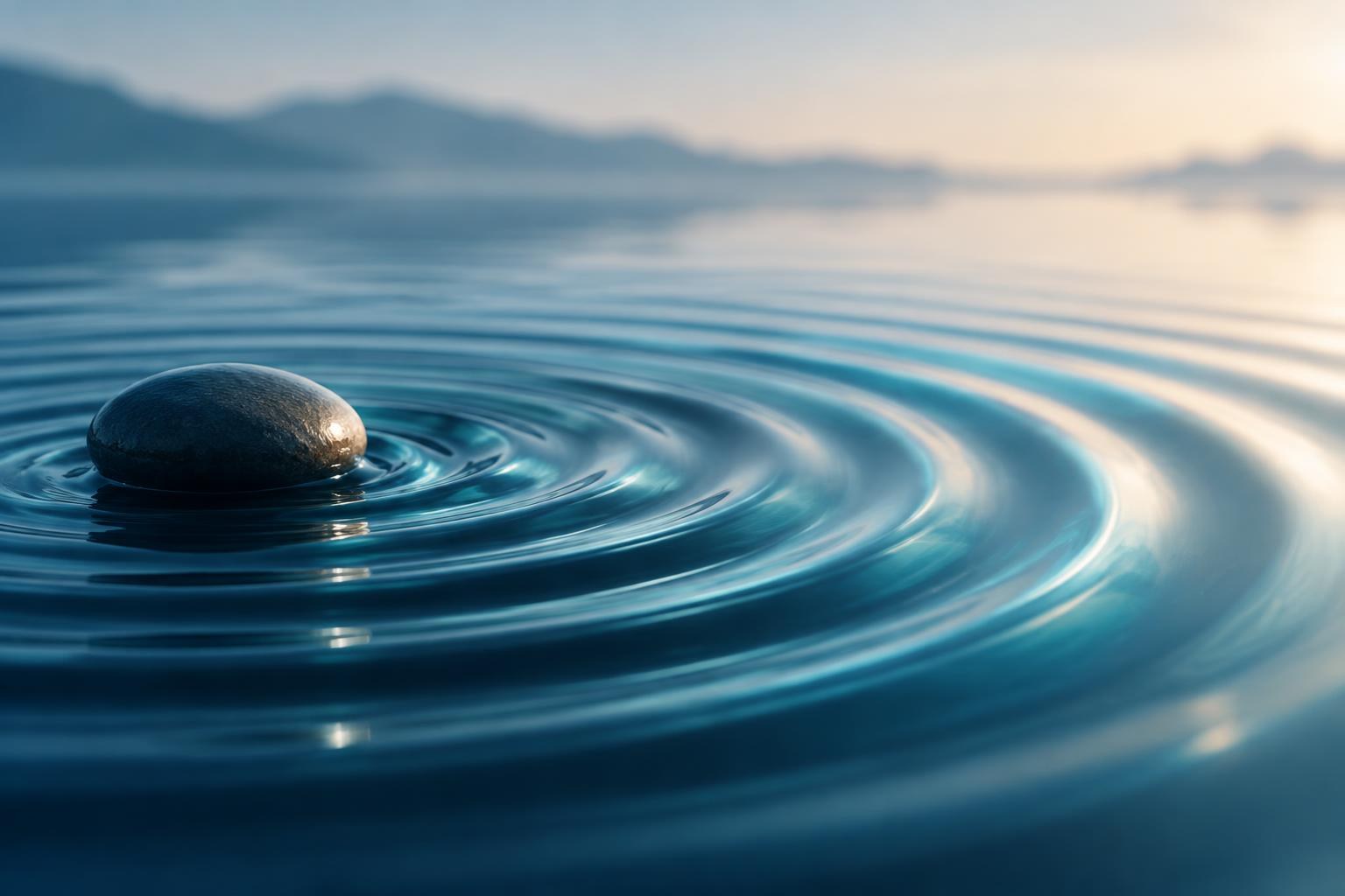 AI-generated conceptual illustration. A stone falling into water and creating concentric propagation waves.