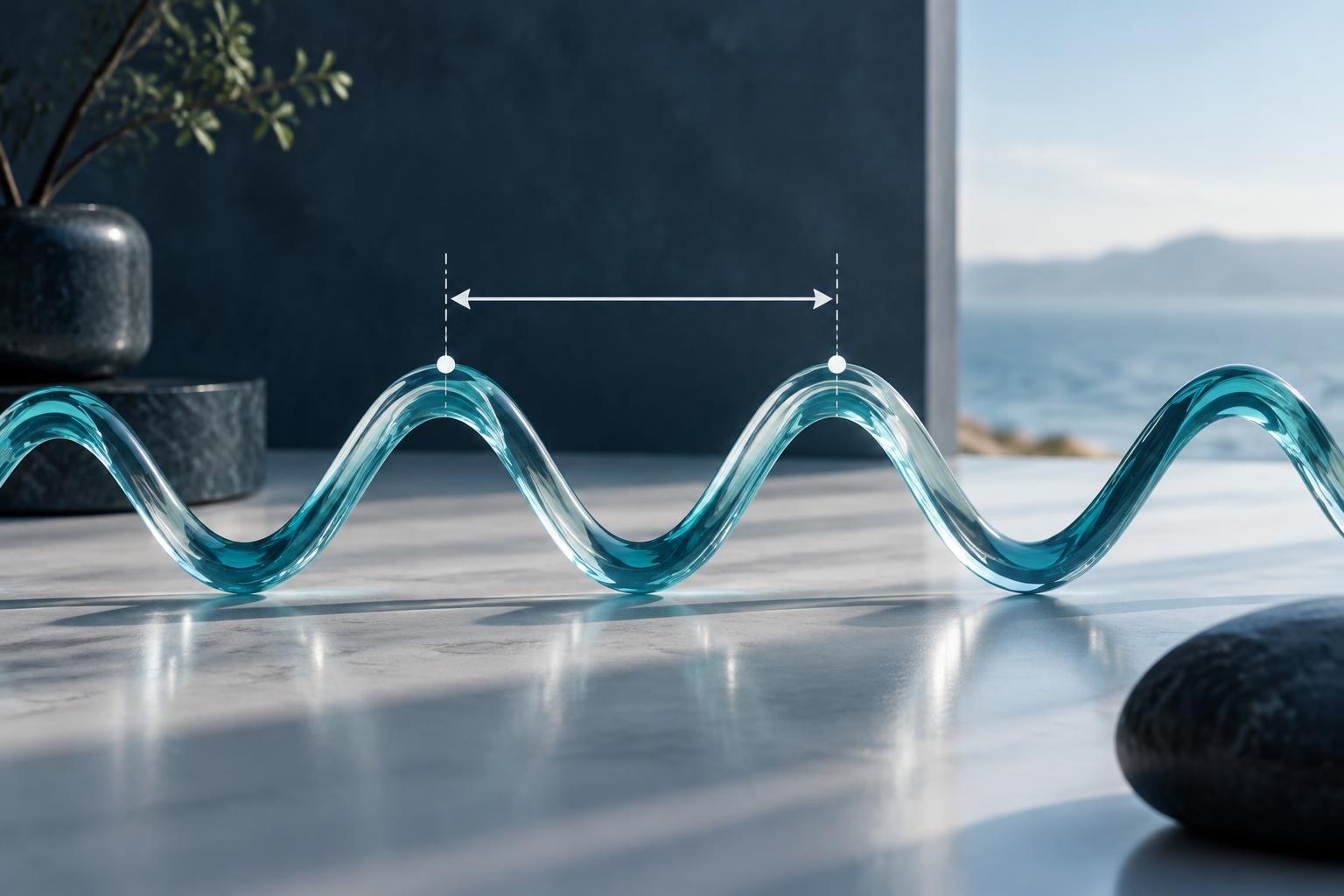 Illustrazione concettuale generata con IA. Onda tridimensionale blu traslucida su una superficie, con una freccia che indica la distanza tra due creste consecutive, a rappresentare la lunghezza d’onda.