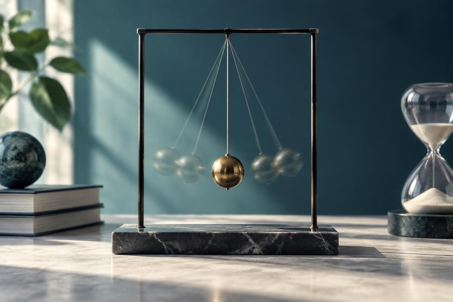 AI-generated conceptual illustration. A Newton's cradle in motion illustrating a periodic phenomenon.
