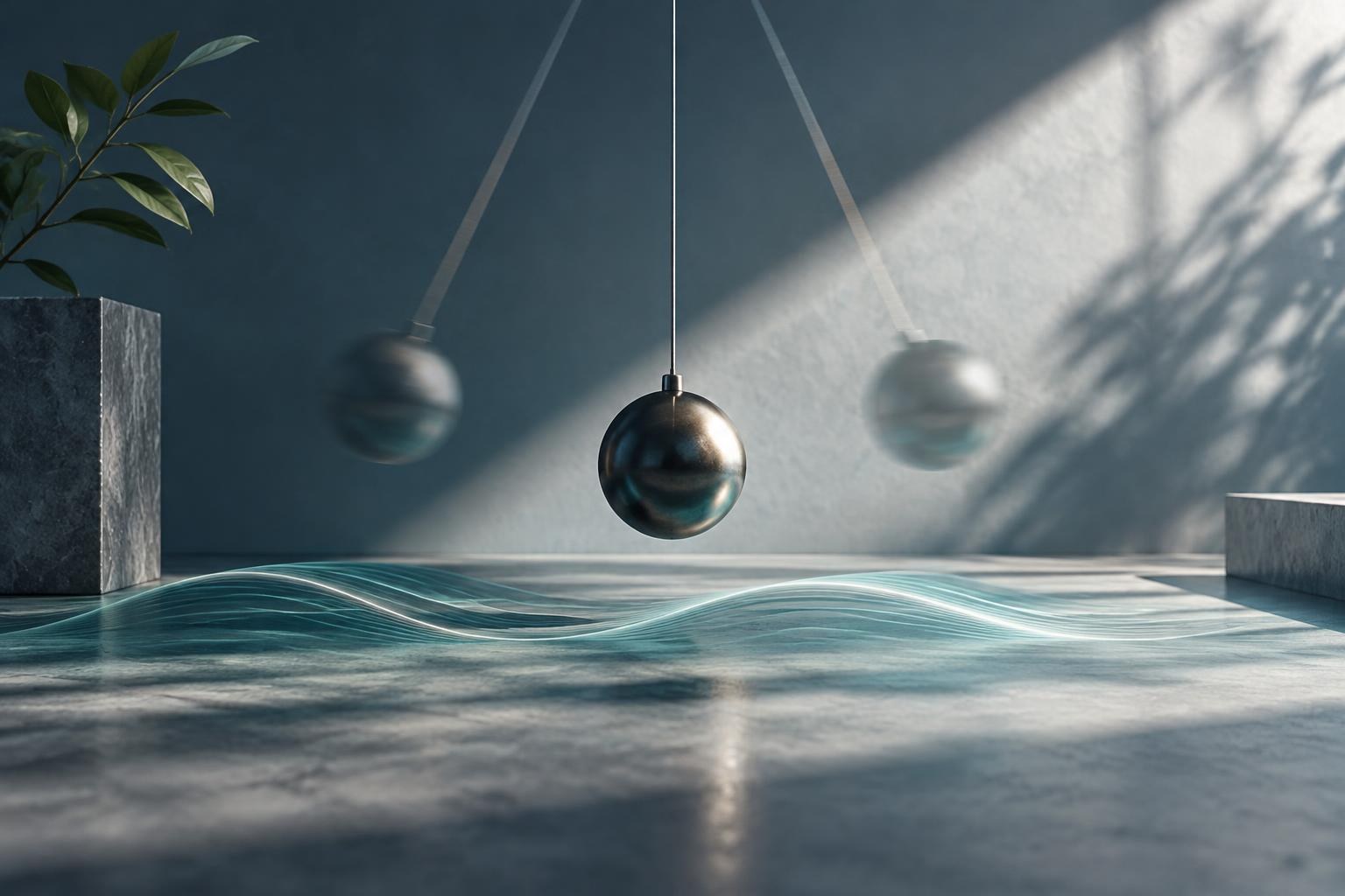 Illustrazione concettuale generata con IA. Un pendolo oscillante in diverse posizioni che mostra il movimento di va e vieni, con una rappresentazione grafica di onde sul pavimento che simulano l’ampiezza dell’oscillazione.