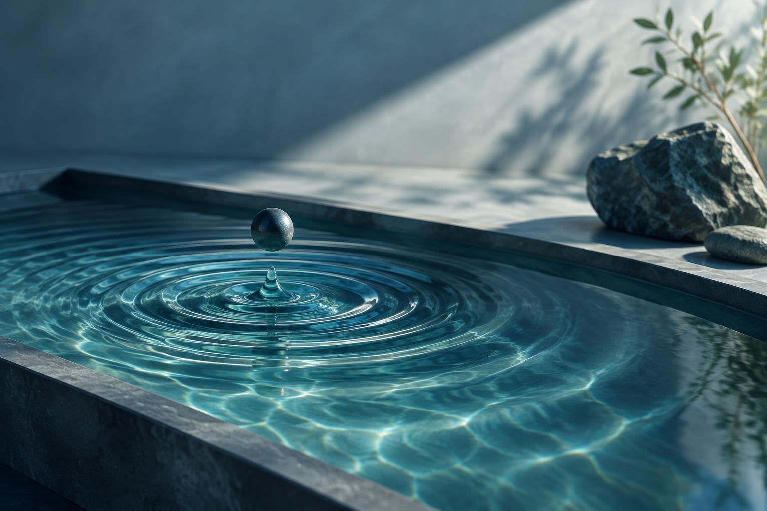 AI-generated conceptual illustration. Drops creating concentric waves on the surface of the water in a swimming pool, showing the propagation of a mechanical disturbance.