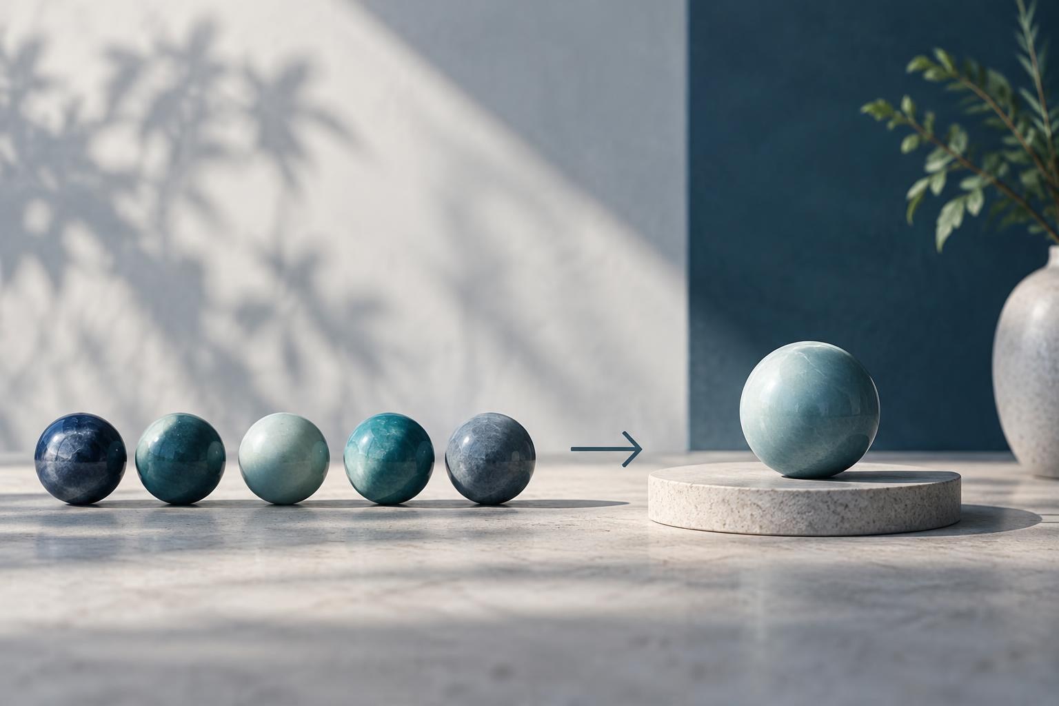 AI-generated conceptual illustration. Several similar-colored spheres arranged on the left and a larger sphere of the same color on the right, symbolizing the arithmetic mean.