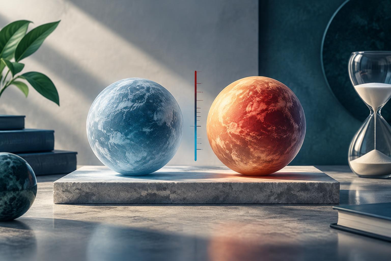 Konzeptionelle Illustration, erstellt mit KI. Konzeptionelle Darstellung zweier Kugeln, die unterschiedliche Temperaturen veranschaulichen: eine kalte blaue und eine heiße rote Kugel, dazwischen ein stilisiertes Thermometer, das den Temperaturunterschied symbolisiert