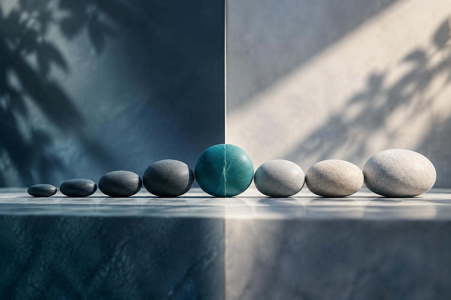 AI-generated conceptual illustration. A row of stones arranged by size, with a blue stone in the center dividing the stones into two halves, representing the median of a data set.