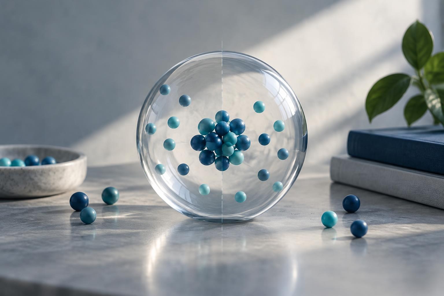 AI-generated conceptual illustration. Conceptual representation of standard deviation, with spheres clustered in the center and others scattered inside a transparent sphere, illustrating the measure of dispersion around a central value.