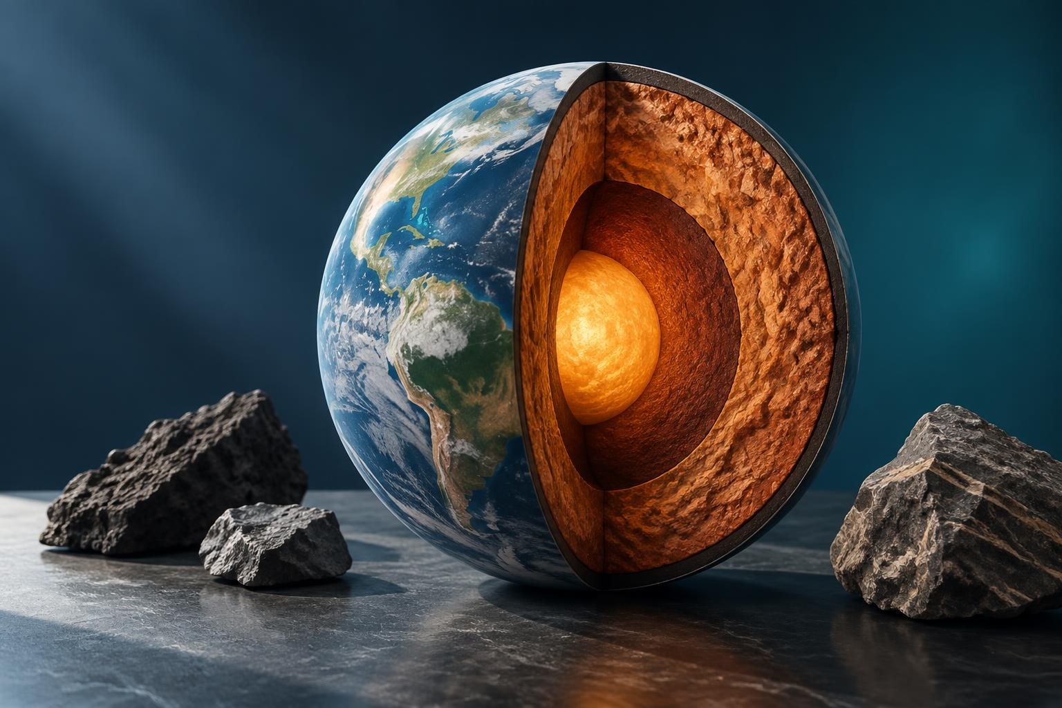 AI-generated conceptual illustration. Three-dimensional illustration of Earth with a cutaway revealing its internal layers: crust, mantle, and core.