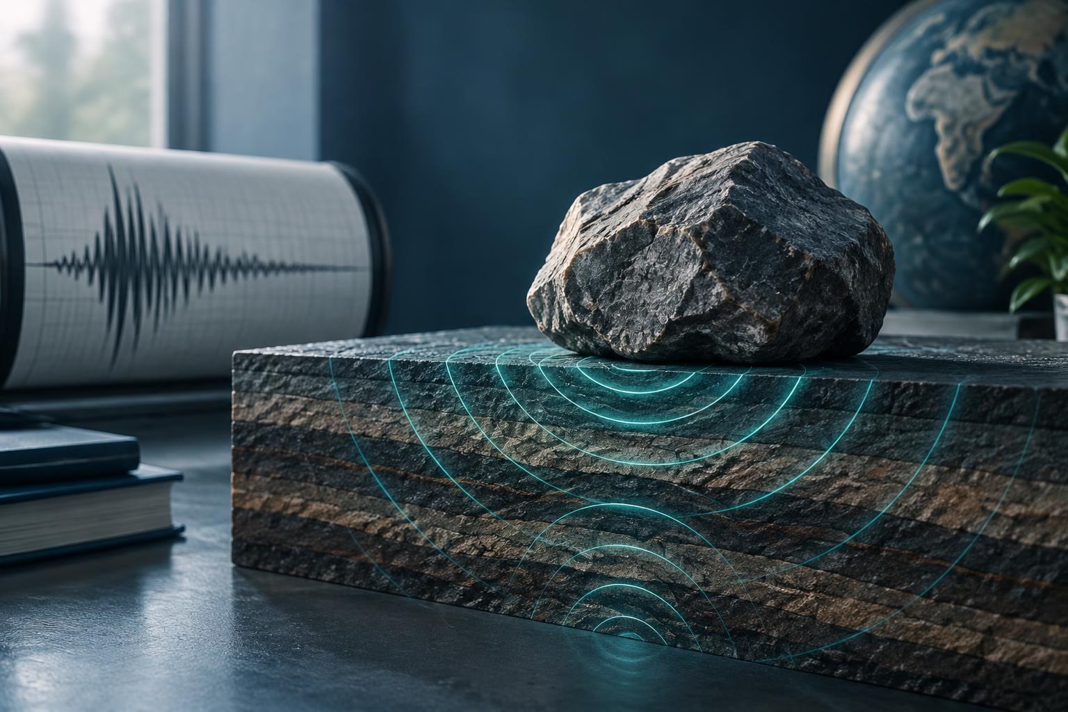 KI-generierte konzeptuelle Illustration. Konzeptuelle Darstellung seismischer Wellen, die von einem Felsen über unterirdischen Erdschichten erzeugt werden, mit einem Seismogramm im Hintergrund.