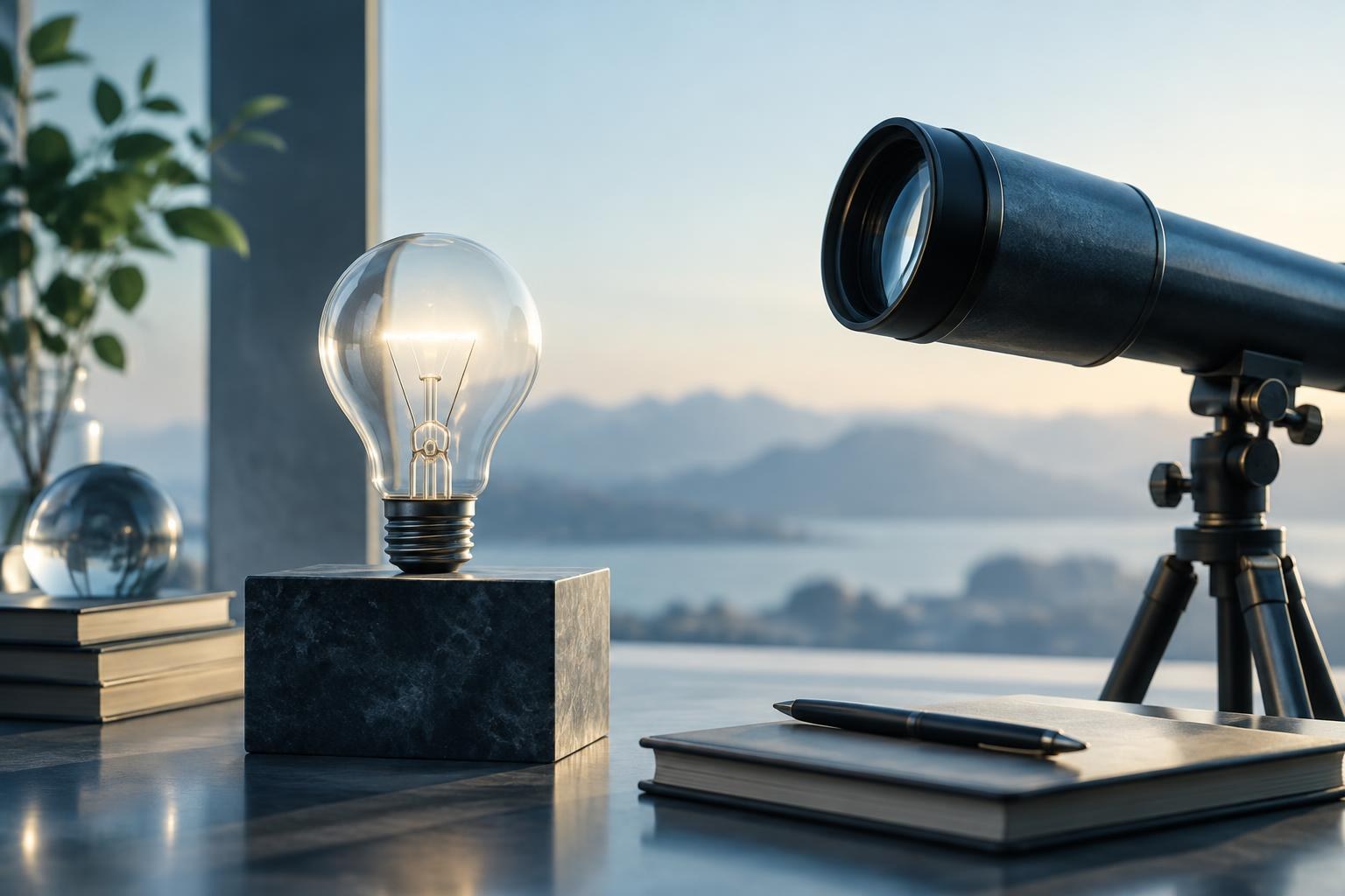 Illustrazione concettuale generata con IA. Una lampadina accesa su una base di marmo, su un tavolo accanto a un telescopio, libri e un taccuino con una penna, con un paesaggio montuoso sfocato sullo sfondo.
