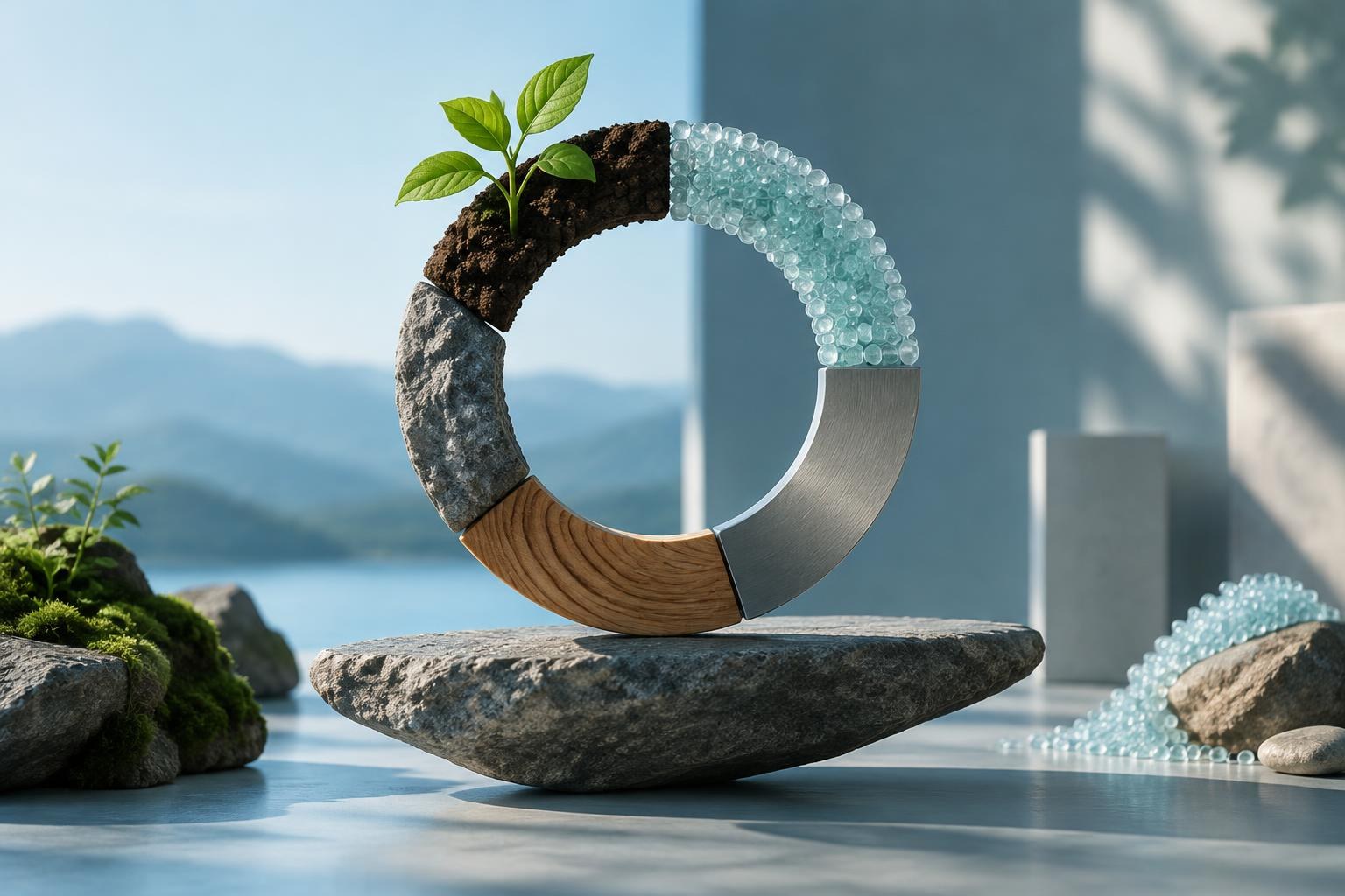 KI-generierte konzeptuelle Illustration. Konzeptuelle Darstellung eines Kreislaufs aus Lebenssegmenten, bestehend aus Erde mit einer Pflanze, Stein, Holz, Metall und transparenten Perlen, im Gleichgewicht auf einem flachen Stein.