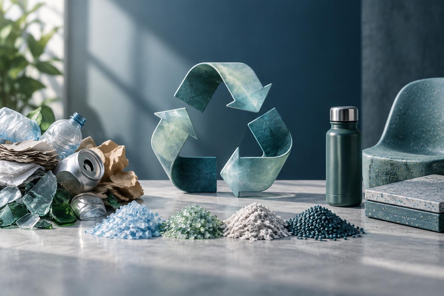 KI-generierte konzeptuelle Illustration. Recyclingsymbol mit Haufen wiederverwerteter Materialien wie Plastikflaschen, Dosen, Glas und Kunststoffgranulat zur Wiederverwendung, das Umwandlung und neue Produkte zeigt.