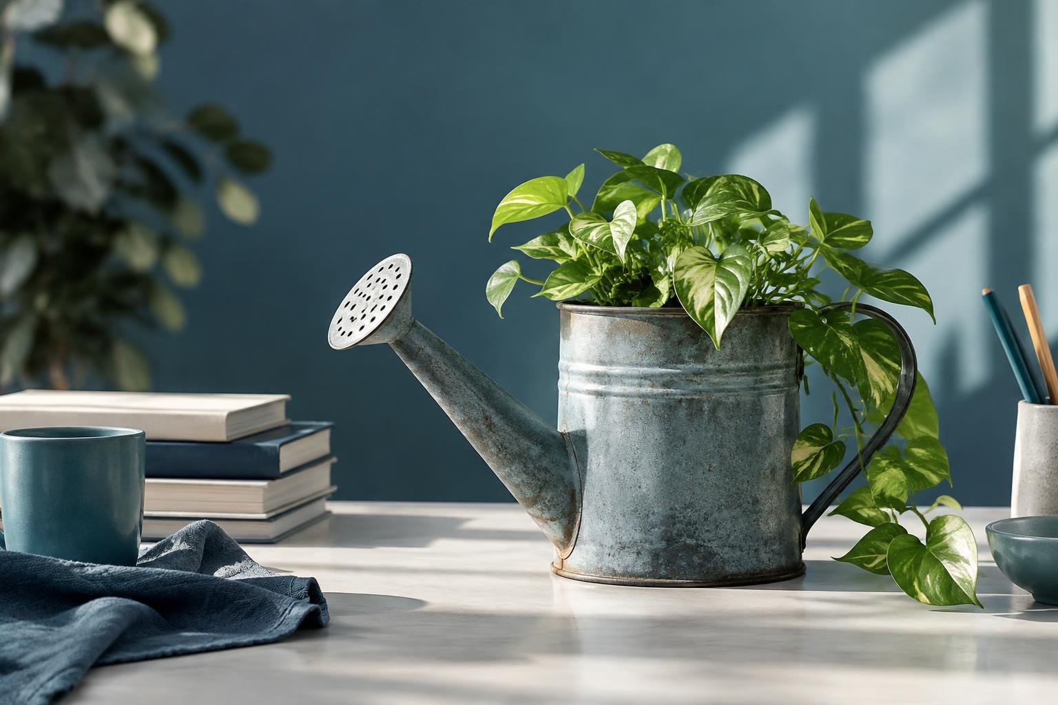 AI-generated conceptual illustration. Metal watering can repurposed as a planter for a green plant on a desk.