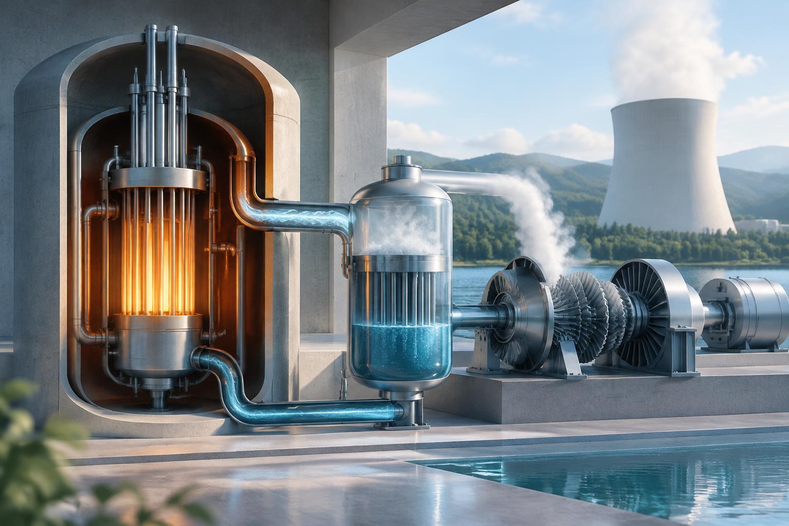 Illustrazione concettuale generata con IA. Illustrazione concettuale del funzionamento di una centrale nucleare, che mostra il reattore a fissione mentre riscalda l’acqua in un circuito per produrre vapore che aziona una turbina collegata a un generatore, con una torre di raffreddamento in
